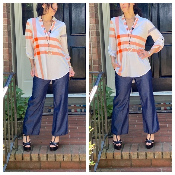 Beige inspired plaid rolled sleeves tunic top - Picture 8 of 16